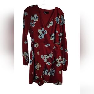 EUC LULU'S burgundy floral faux wrap dress Medium long sleeve
